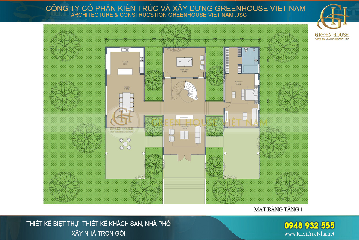 Bố trí công năng tầng 1 của biệt thự sân vườn 300m2