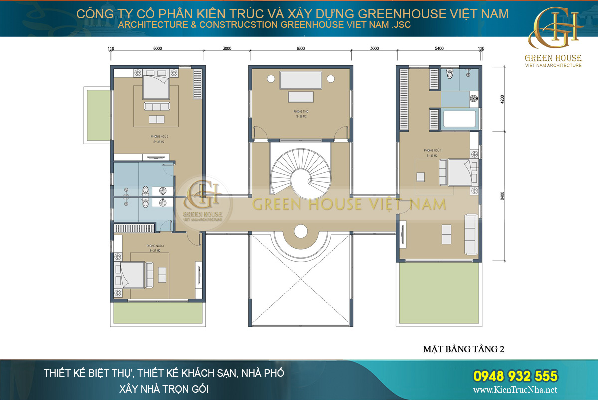 Bố trí công năng tầng 2 biệt thự 2 tầng với 3 phòng ngủ, 1 phòng thờ và các khoảng thông tầng rộng rãi