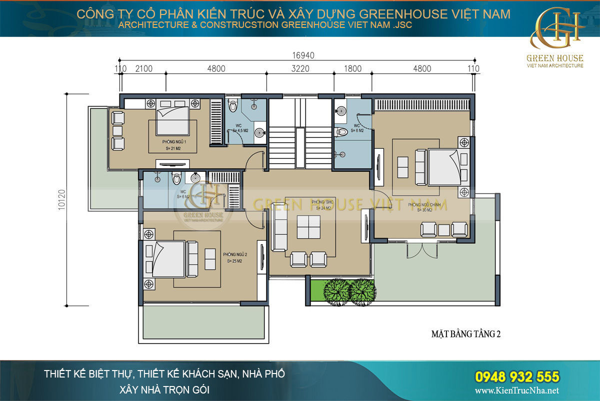 Bố trí công năng sử dụng của tầng 2 biệt thự sân vườn 3 tầng tại Bắc Giang