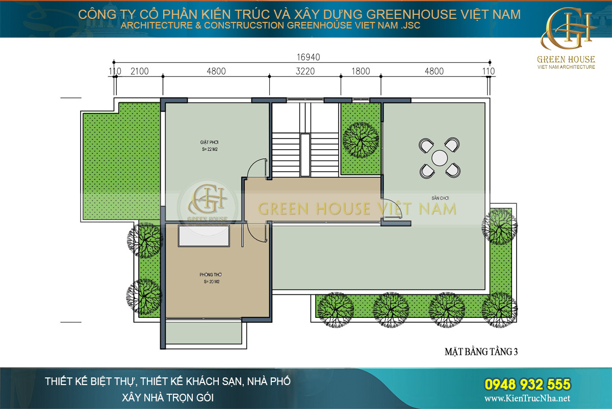 Bố trí công năng sử dụng của tầng 3 biệt thự sân vườn 3 tầng tại Bắc Giang