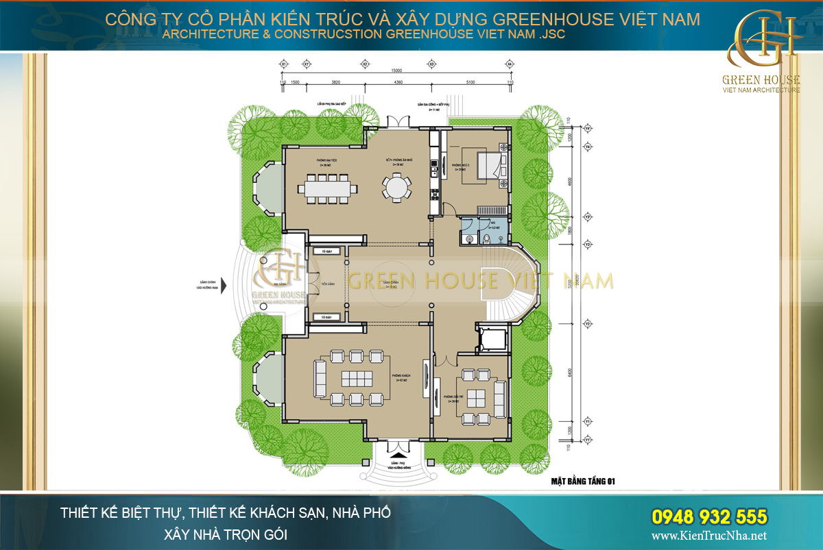 Bố trí mặt bằng công năng tầng 1 của biệt thự tân cổ điển 2 tầng