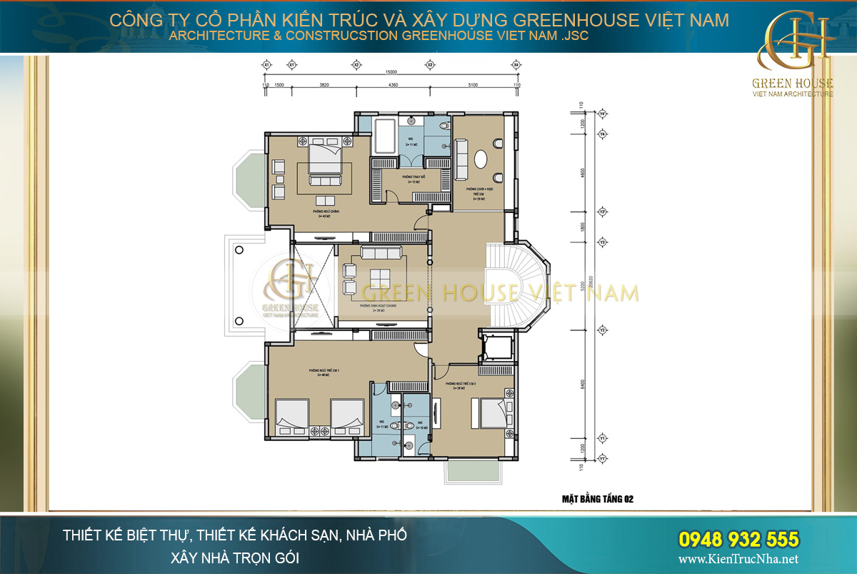Bố trí mặt bằng công năng tầng 2 của biệt thự tân cổ điển 2 tầng