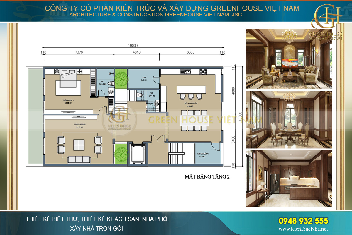 Bố trí công năng tầng 2 với, phòng khách, phòng bếp và phòng ăn và phòng ngủ