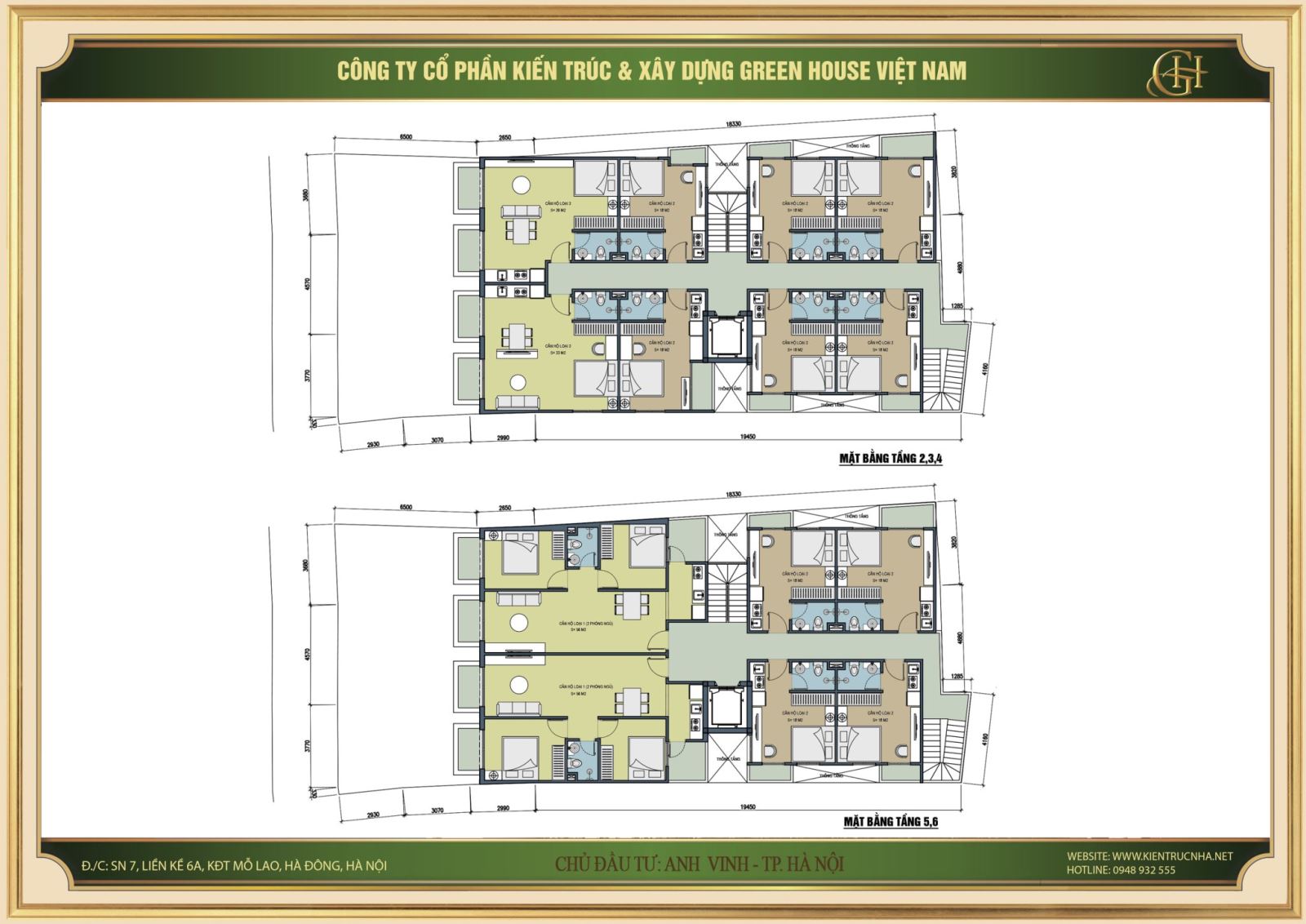 Thiết kế mặt bằng tầng 2,3,4,5,6 của căn hộ cho thuê 9 tầng tại Hà Nội