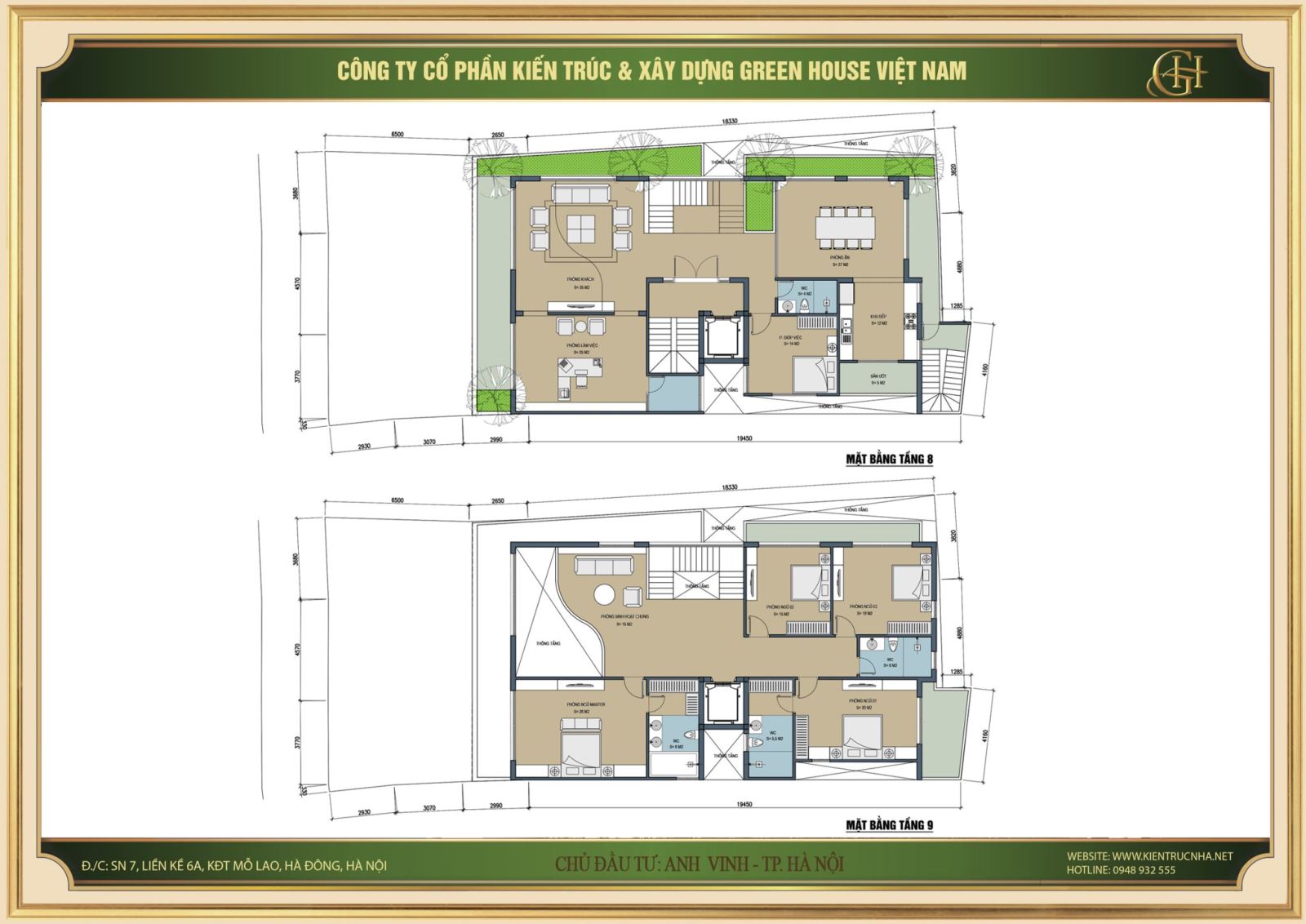 Thiết kế mặt bằng tầng 8,9 của căn hộ cho thuê 9 tầng tại Hà Nội