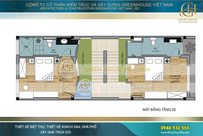 Tầng 2 là không gian riêng tư dành cho các khu vực phòng ngủ, mỗi phòng đều có nhà vệ sinh riêng