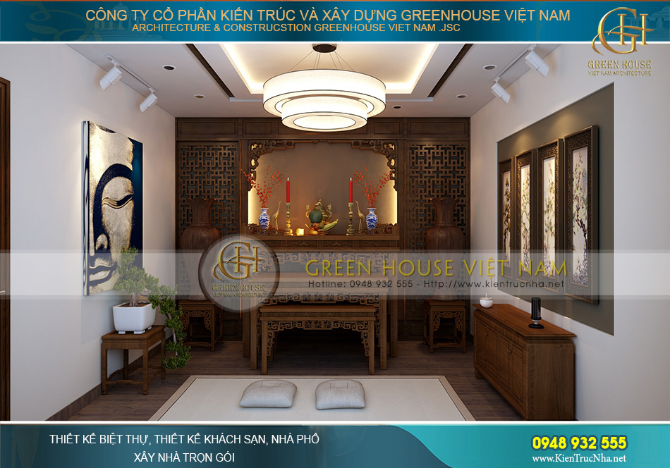 Nội thất phòng thờ với vật liệu gỗ làm chủ đạo, tăng nét uy nghiêm, cổ kính của không gian thờ cúng linh thiêng