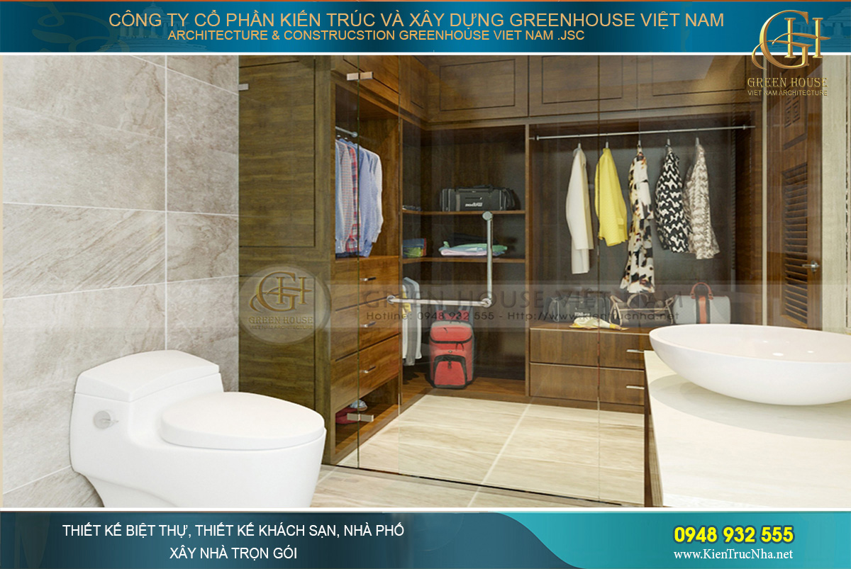 Phòng WC được bố trí tiện lợi và thông thoáng kết hợp với phòng thay đồ tạo ra một không gian tối đa công năng, đảm bảo yêu cầu thẩm mỹ.