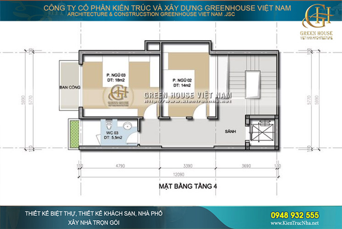 Tầng 4 là không gian cho 2 phòng ngủ nhỏ, thiết kế phòng ngủ hướng ra ban công tạo sự lưu thông thoáng khí cho không gian