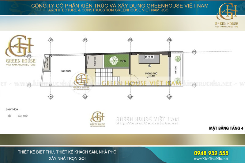 Tầng 4 được thiết kế dành riêng cho khu vực phòng thờ, sân thượng với ban công mở để làm khu vực sân phơi