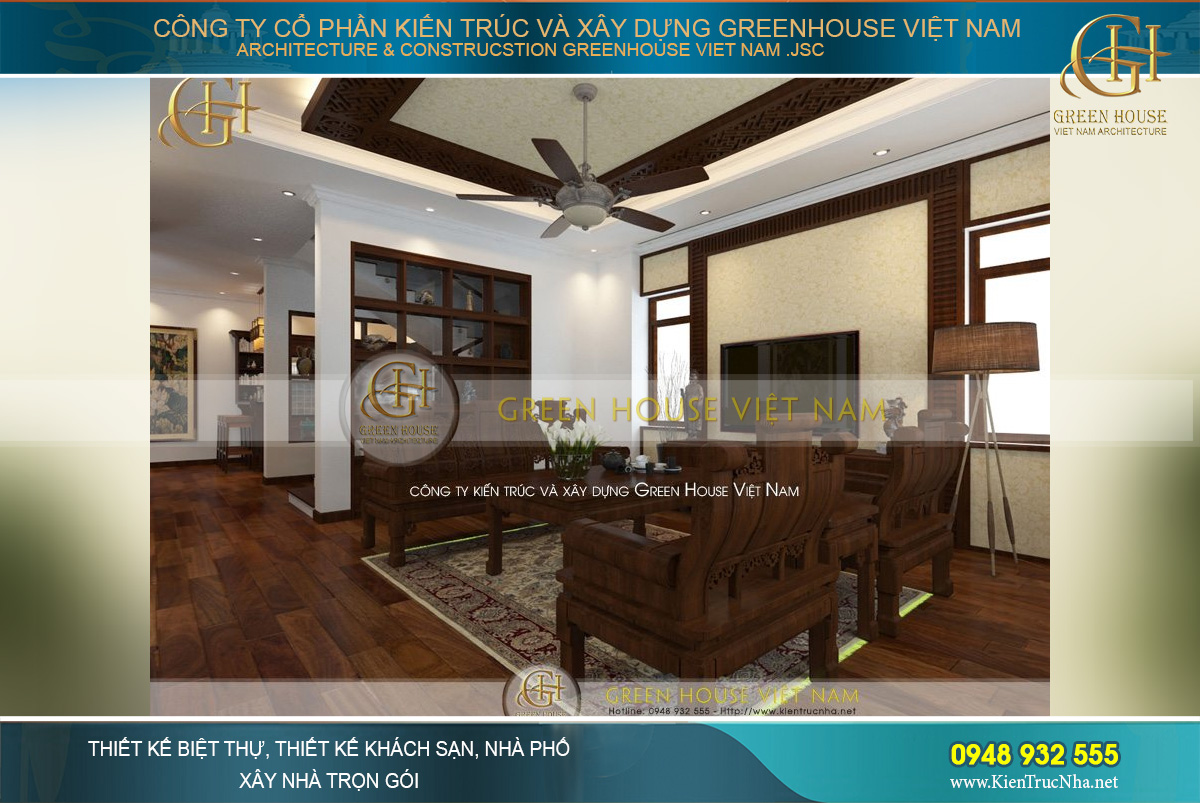 Không gian phòng khách với nội thất đồ gỗ truyền thống