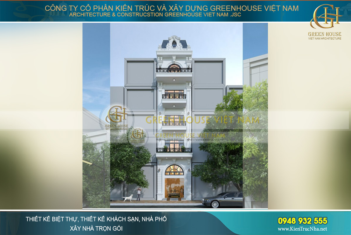 Phối cảnh mặt tiền đẹp duyên dáng, thanh lịch và nổi bật của mẫu nhà phố 4 tầng 1 tum tân cổ điển này
