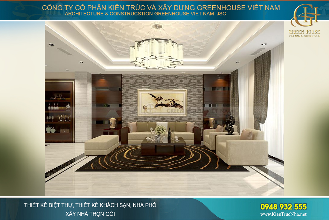 Nội thất phòng sinh hoạt chung ấm cúng với gam màu trang nhã cho cảm giác thư thái