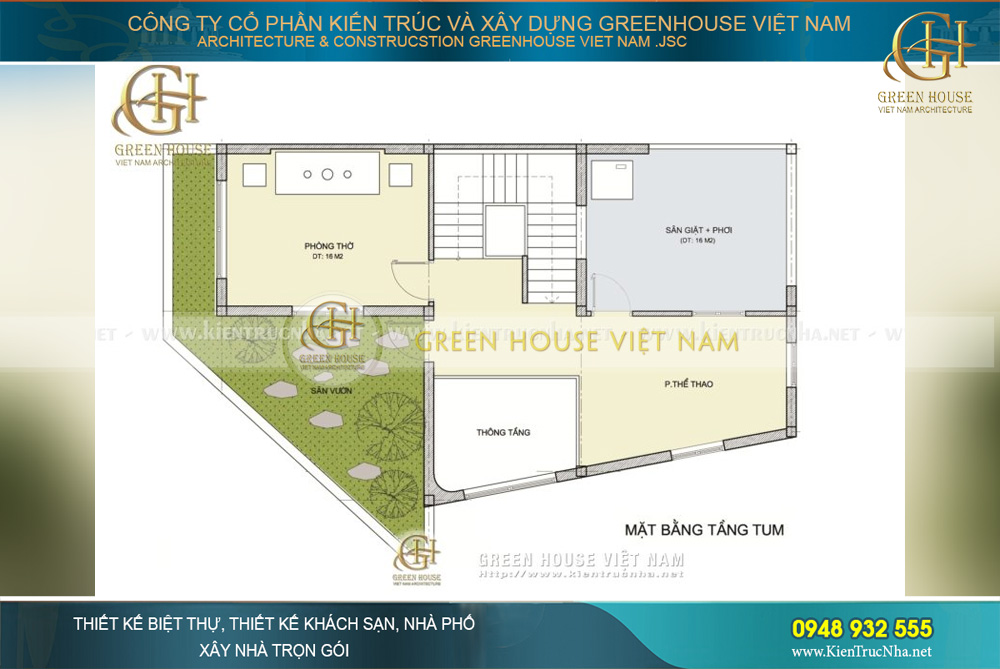 Khu vực sinh hoạt riêng của gia đình được xây dựng tại tầng 5 với phòng thờ, phòng giặt phơi, phòng thể thao và khu vực sân vườn tươi mát thích hợp thư giãn
