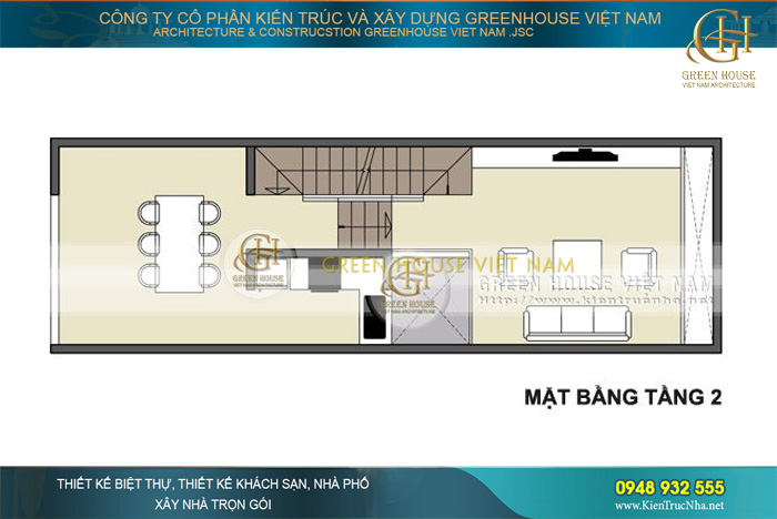 Phòng sinh hoạt chung và phòng bếp, phòng ăn được sắp xếp tại mặt bằng tầng 2