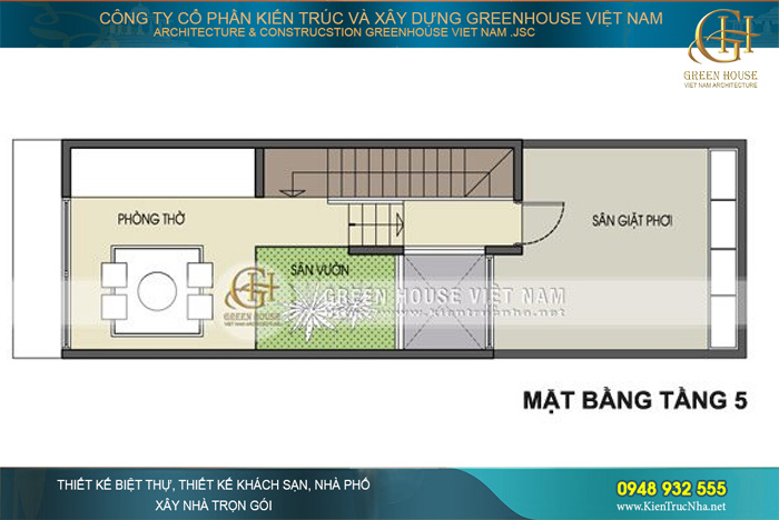 Tầng 5 là khu vực phòng thờ được bố trí ở phí trước, phía sau là khu sân vườn,cùng là sân phơi gia đình