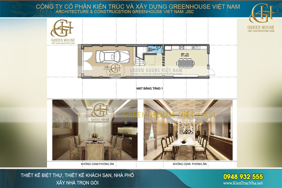 Tầng 1 được tận dụng làm không gian để xe và khu vực phòng ăn sang trọng, khách hàng có thể lựa chọn mẫu thiết kế nội thất phòng ăn tùy ý thích