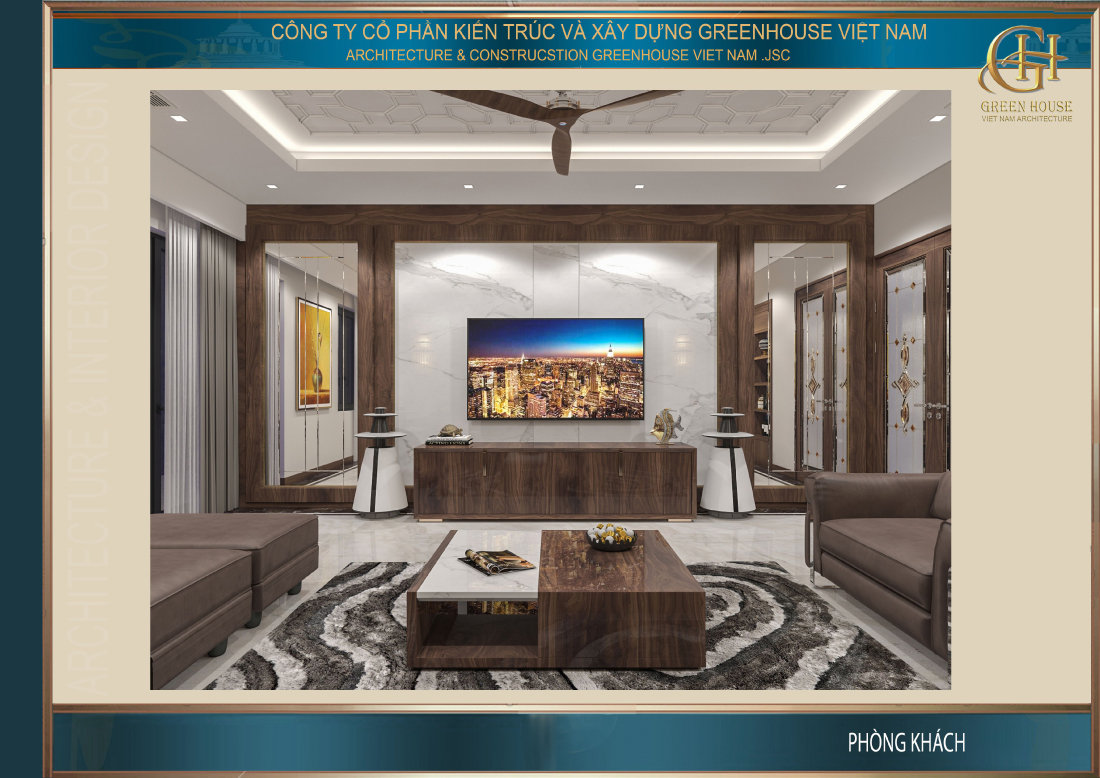 Nội thất phòng khách là sự kết hợp giữa vật liệu truyền thống là gỗ với kiểu dáng thiết kế hiện đại