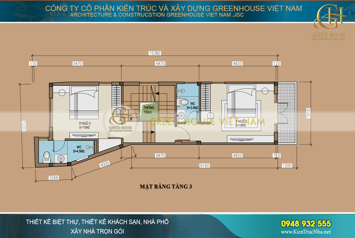 Tầng 3 được bố trí 2 phòng ngủ đều có khu vệ sinh riêng cùng ban công rộng thoáng