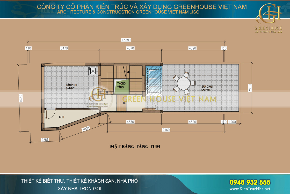 Tầng tum là khu vực sân phơi và sân chơi với diện tích rộng lớn dành cho nhu cầu sinh hoạt của gia đình