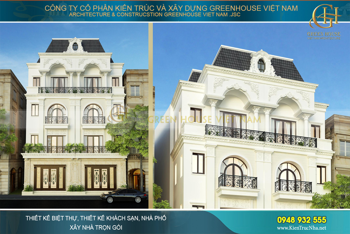 Công trình nhà phố song lập với hệ thống lan can sắt uốn hoa văn nổi bật