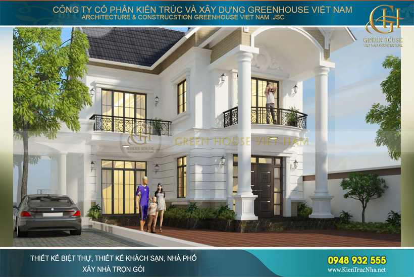 Nhà phố 2 tầng tân cổ điển được thiết kế với hình chữ L cùng một sân trước rộng rãi, thông thoáng