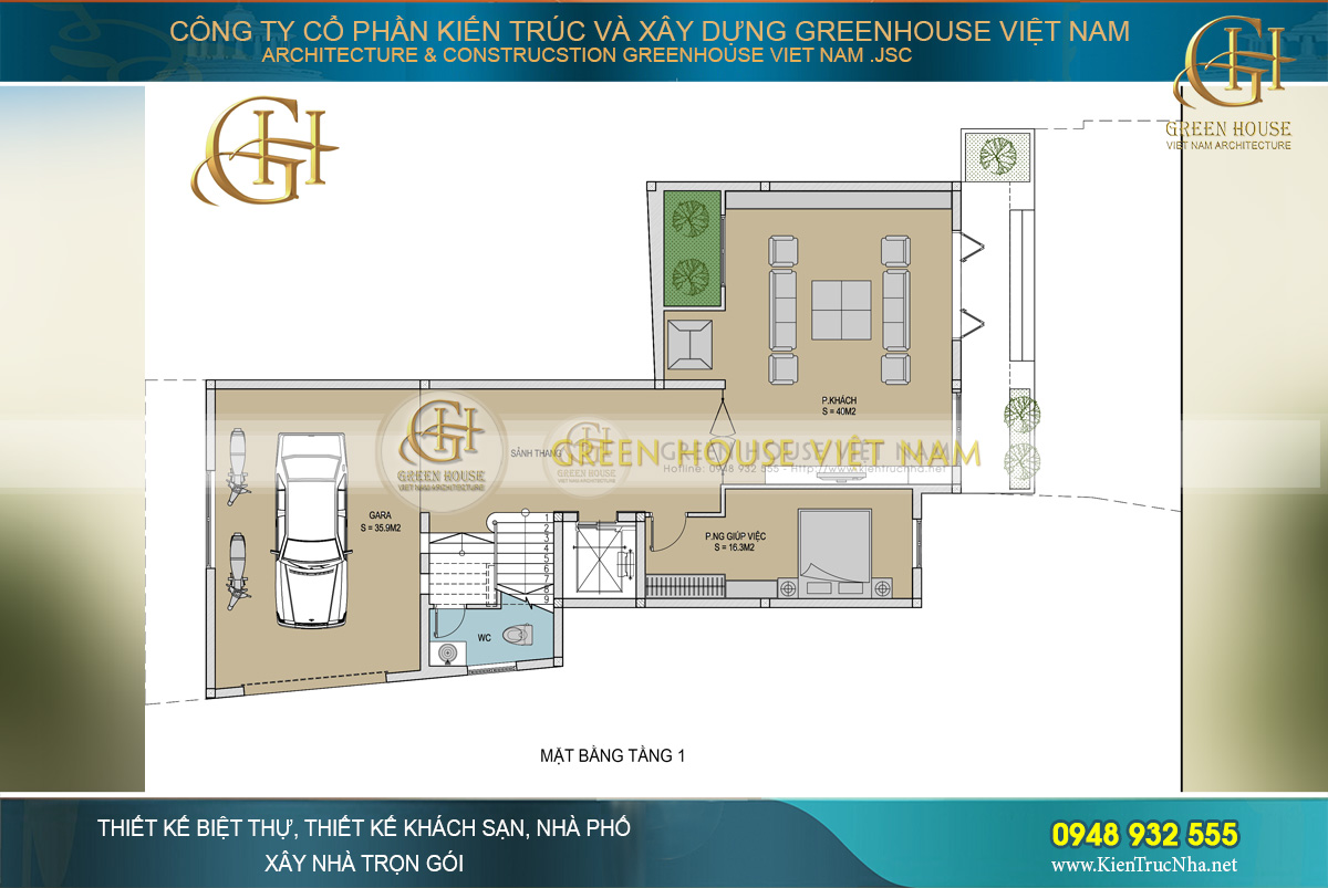 Tầng 1 với gara xe ô tô, phòng khách, phòng giúp việc
