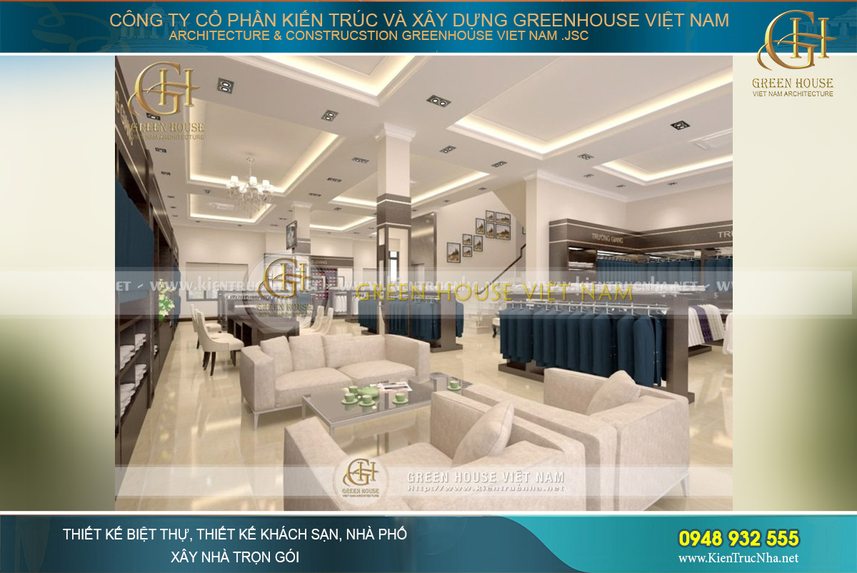 Không gian tầng 1 được bố trí bàn ghế sofa và bàn kính đơn giản cho việc tiếp khách, tạo cảm giác gần gũi, dễ chịu cho khách hàng