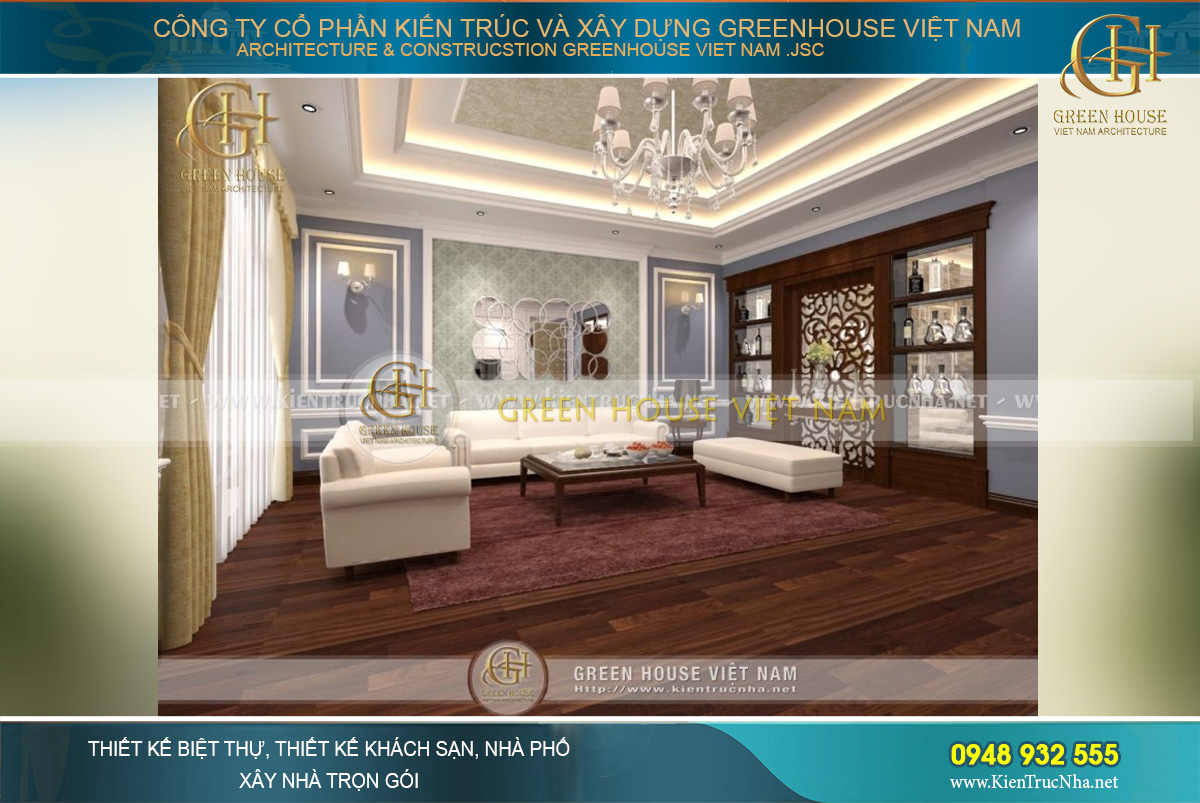 Thiết kế gương đặt chính giữa trung tâm phòng sinh hoạt tạo cảm giác diện tích phòng ở được mở rộng
