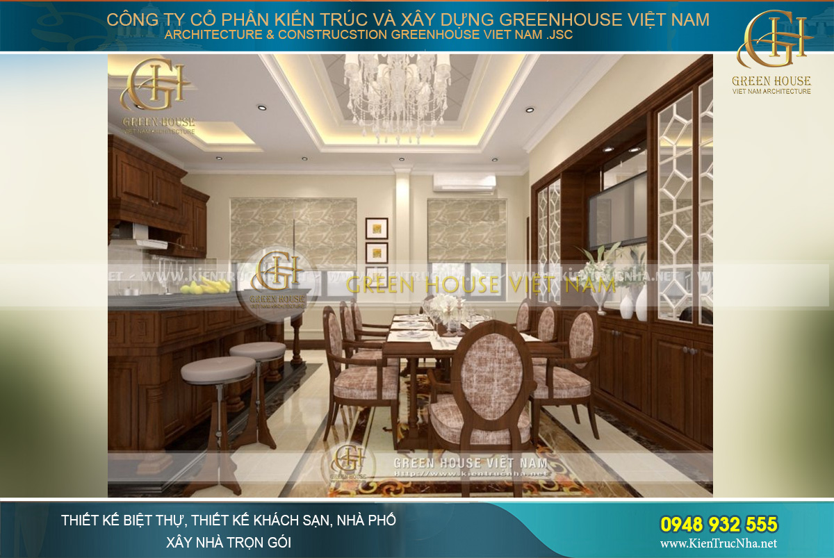 Phòng bếp và phòng ăn được đặt cùng trong một không gian, tạo sự gần gũi cho các thành viên trong gia đình