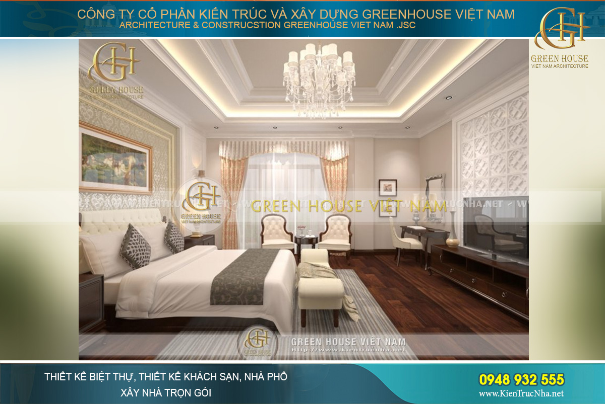 Không gian phòng ngủ sang trọng với đầy đủ nội thất sinh hoạt cao cấp