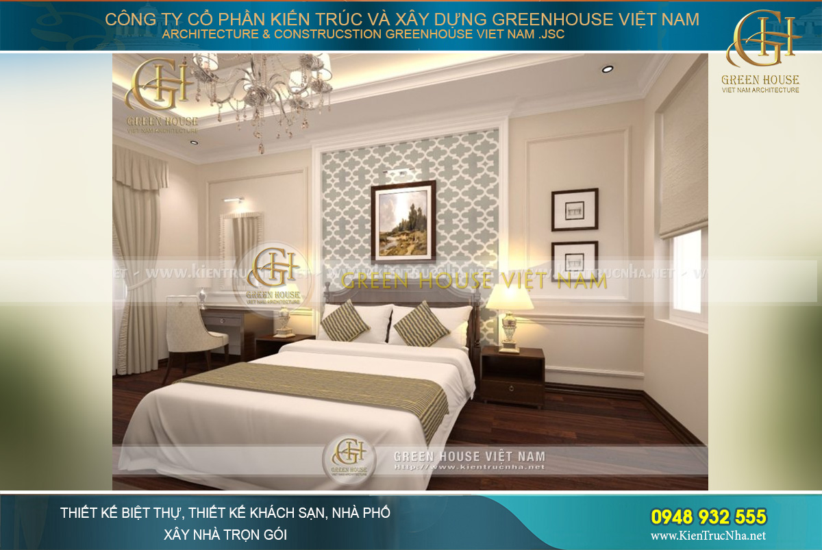 Sự tương phản giữa màu trắng của tường với màu nâu trầm của sàn gỗ mang đến nét đẹp sang trọng cho không gian phòng ngủ