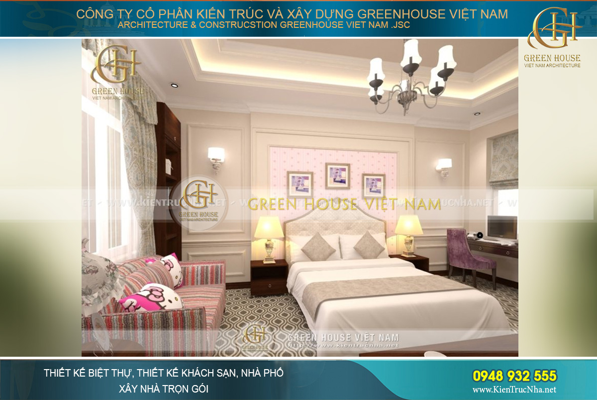 Phòng ngủ dành cho cô con gái nhỏ với màu hồng xinh xắn, họa tiết vui tươi