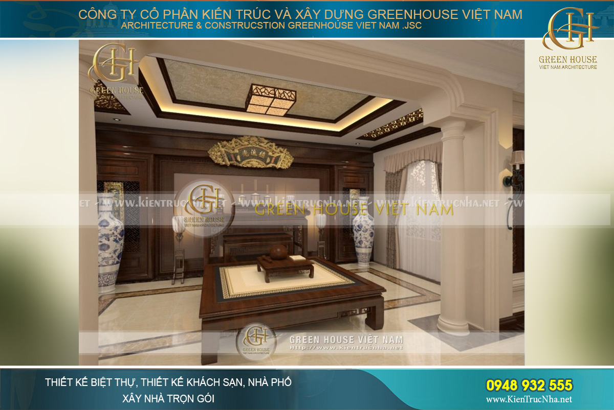 Thiết kế vách phòng thờ, các mảng chi tiết ốp gỗ trang trí trên trần nhà đồng bộ với ban thờ, kệ sập