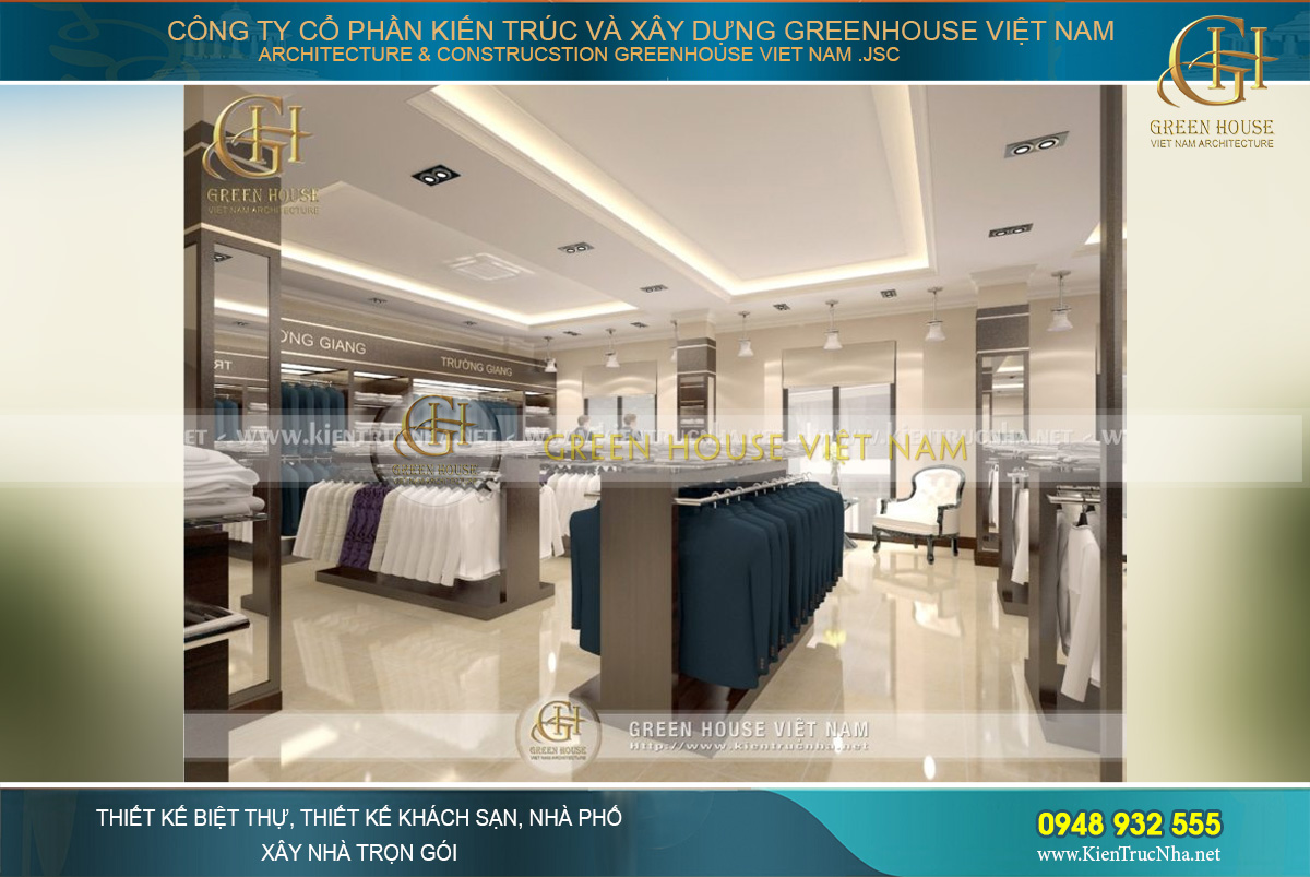 Trần nhà được lắp đèn chiếu sáng với mức độ ánh sáng dịu nhẹ nhưng vẫn đảm bảo chiếu sáng toàn bộ khu vực kinh doanh của công trình nhà phố