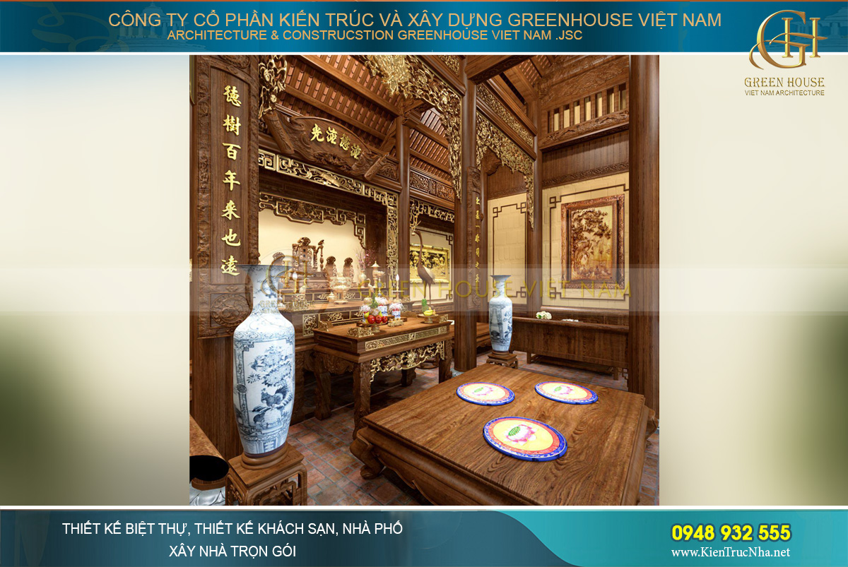 Thiết kế nhà thờ họ với nội thất gỗ sơn son thếp vàng, chạm khắc tinh xảo