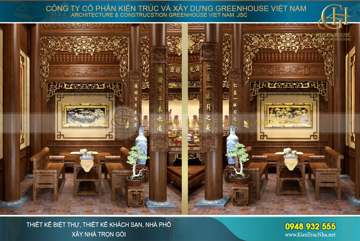 Hai gian dùng để gia chủ tiếp khách, con cháu sum vầy mỗi dịp lễ bái