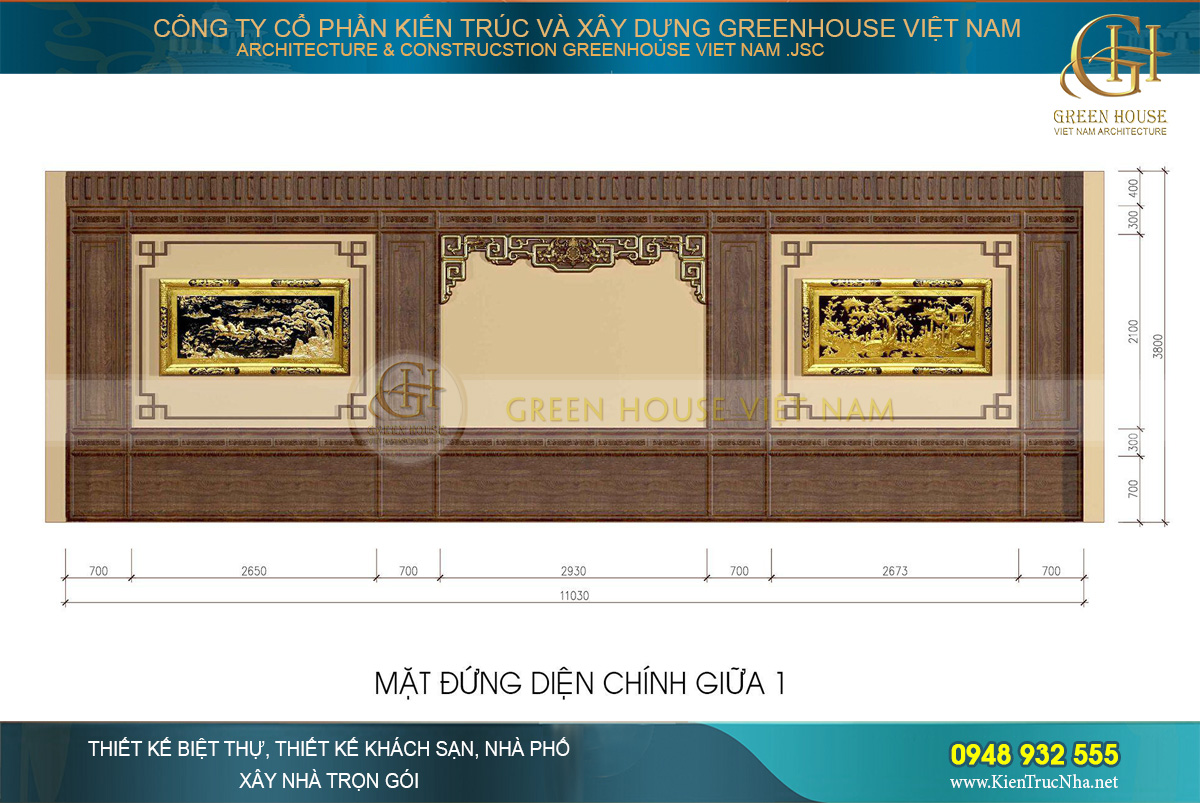Thiết kế mặt đứng chính giữa của nhà thờ họ với các khung gỗ ốp tường và tranh treo tường mạ vàng