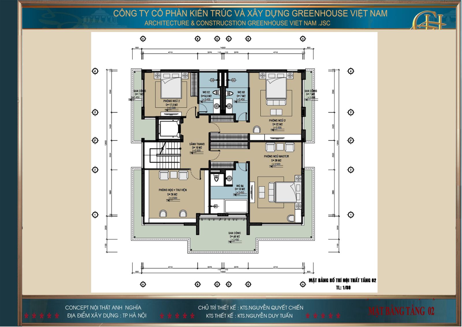 Mặt bằng công năng sử dụng của tầng 2 biệt thự hiện đại 4 tầng
