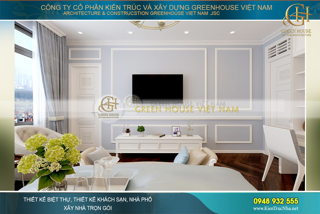 Bởi đây là phòng ngủ được thiết kế cho con của gia đình anh Hiền nên ngoài giường ngủ rộng rãi với ghế dựa cuối giường theo phong cách cổ điển Châu Âu thì nội thất còn được bố trí thêm một tủ quần áo kết hợp với bàn học và giá sách để phục vụ nhu cầu học tập của con