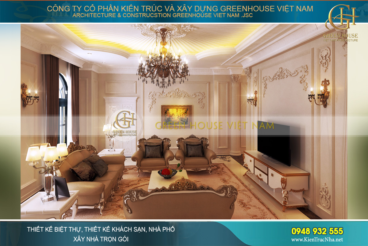 thiết kế nội thất dinh thự cổ điển 4 tầng Rạng Đông