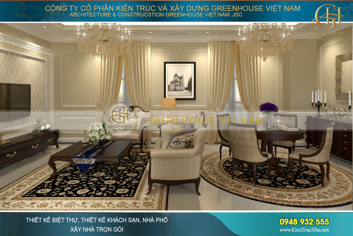 thiết kế nội thất dinh thự cổ điển 4 tầng Rạng Đông
