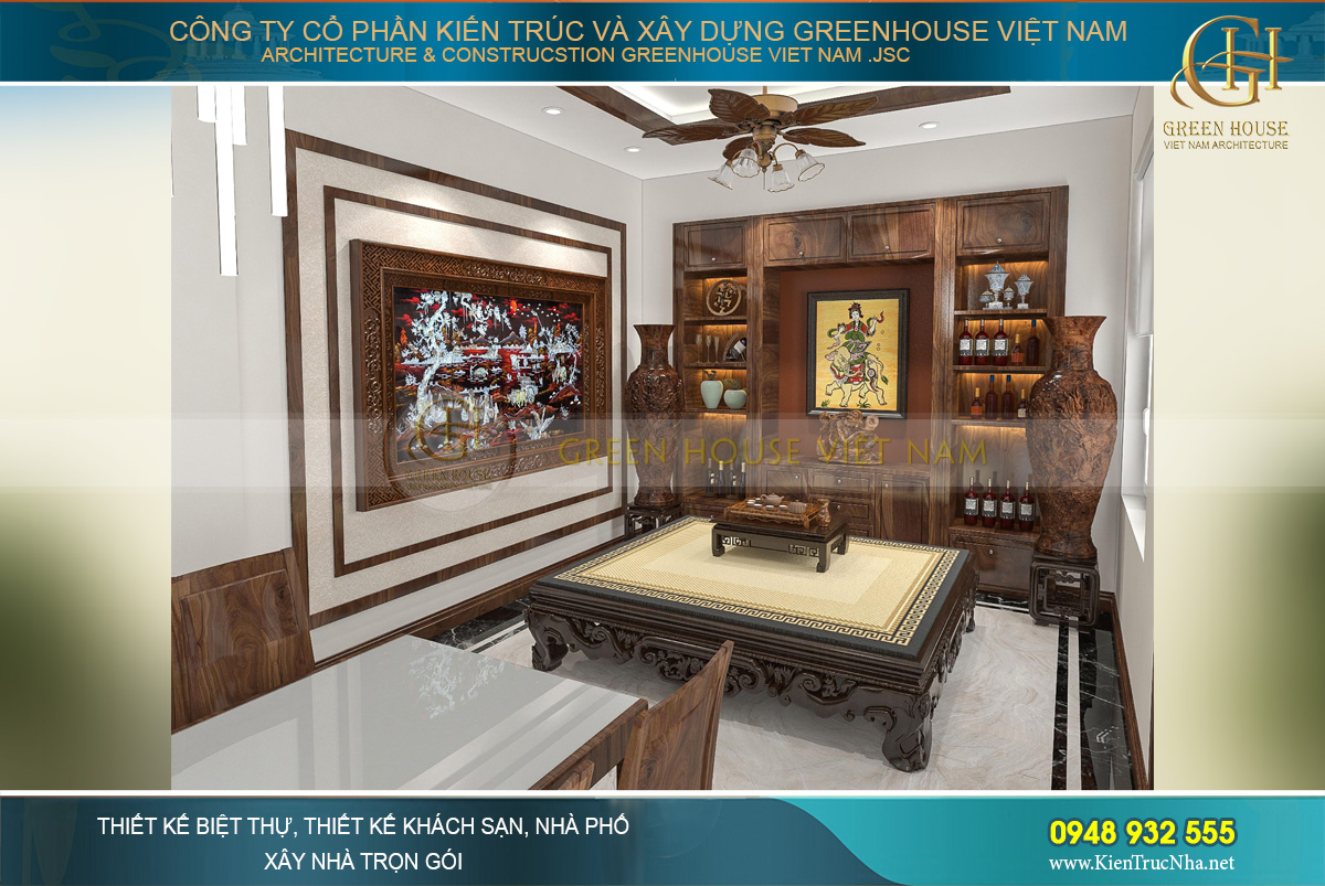 Đối diện với phòng khách chính là không gian phòng bếp kết hợp với phòng ăn của biệt thự Á Đông tại Hà Nội mà gia đình chú Trực sở hữu. Đồng bộ về phong cách thiết kế, màu sắc và chất liệu với phòng khách, thiết kế nội thất phòng bếp cũng sử dụng chất liệu gỗ tự nhiên với các phương pháp chế tác để phù hợp với nhu cầu sử dụng, bảo quản và vệ sinh của nhà bếp.