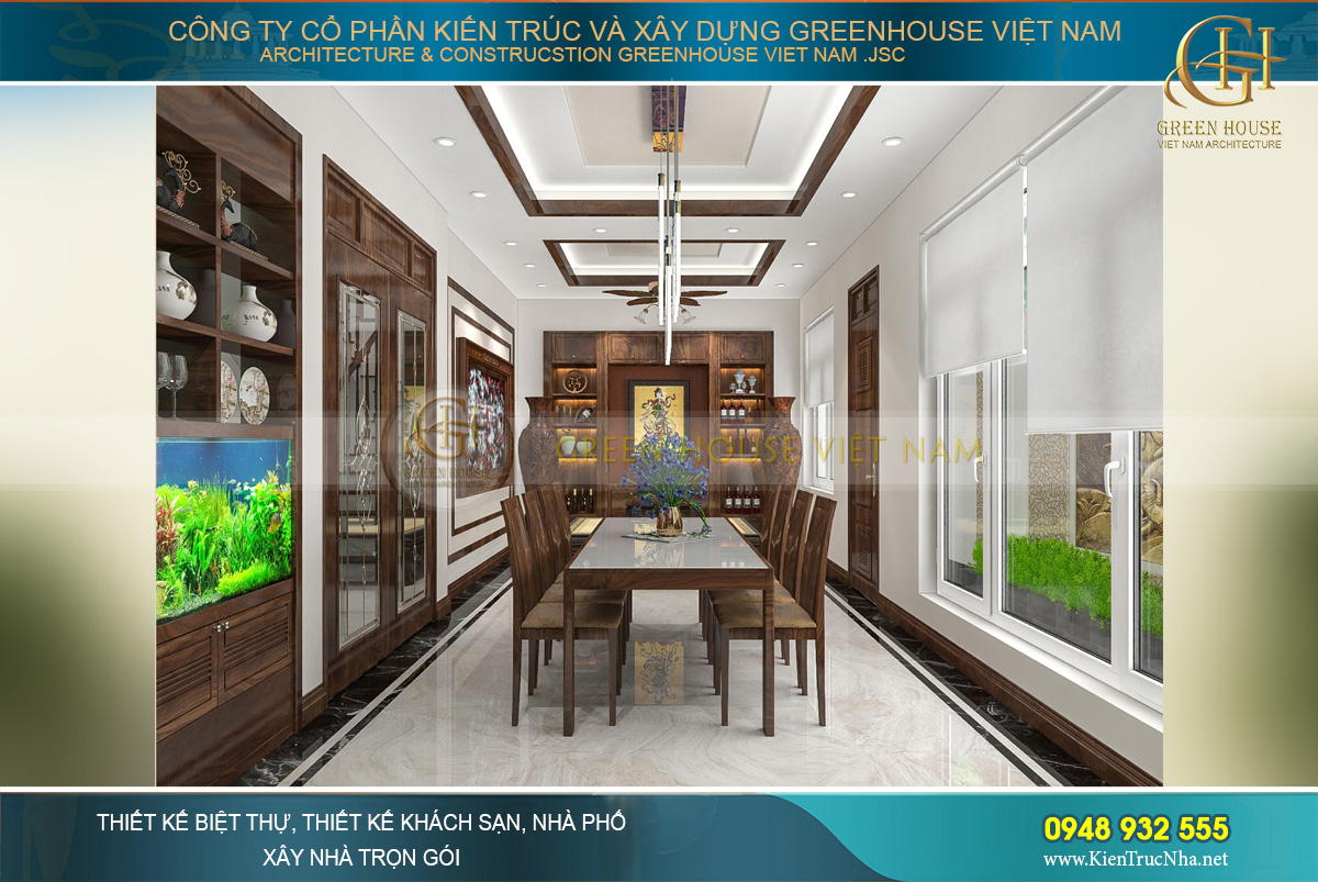 Đối diện với phòng khách chính là không gian phòng bếp kết hợp với phòng ăn của biệt thự Á Đông tại Hà Nội mà gia đình chú Trực sở hữu. Đồng bộ về phong cách thiết kế, màu sắc và chất liệu với phòng khách, thiết kế nội thất phòng bếp cũng sử dụng chất liệu gỗ tự nhiên với các phương pháp chế tác để phù hợp với nhu cầu sử dụng, bảo quản và vệ sinh của nhà bếp.