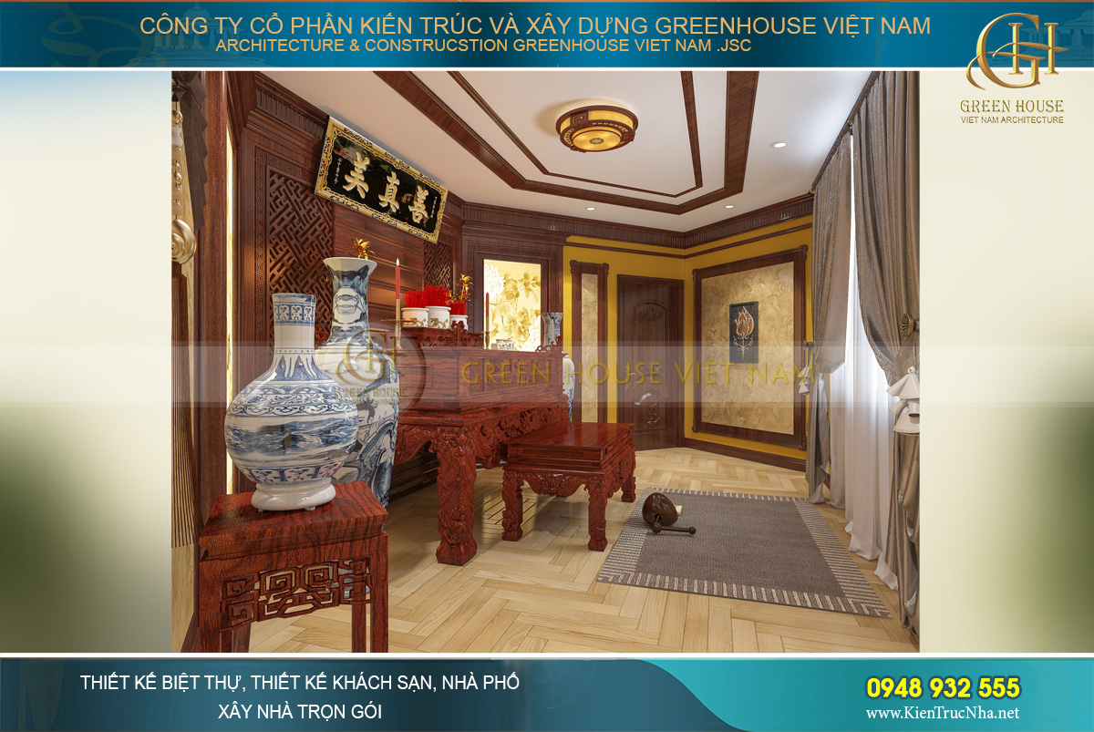 Không gian phòng thờ của biệt thự tân cổ điển 3 tầng được đặt trên tầng cao nhất, với thiết kế giữ vững các giá trị truyền thống dân tộc, thể hiện sự trân trọng, kính phục đối với tổ tiên gia đình. Với các đồ nội thất gỗ nâu bóng, phòng thờ của biệt thự hiện lên với vẻ trang trọng và linh thiêng vô cùng.