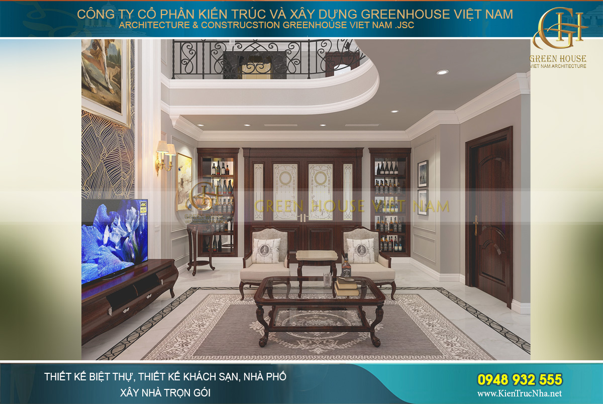 Khu vực thông tầng của biệt thự được thiết kế với đường lượn kiểu vòng tròn âm dương, mang ý nghĩa phong thủy cân bằng và hòa hợp, rất tốt cho gia chủ. Cùng với đó, khoảng thông tầng này sẽ giúp ánh sáng từ giếng trời chiếu xuống phòng khách và nới rộng không gian thêm thông thoáng.