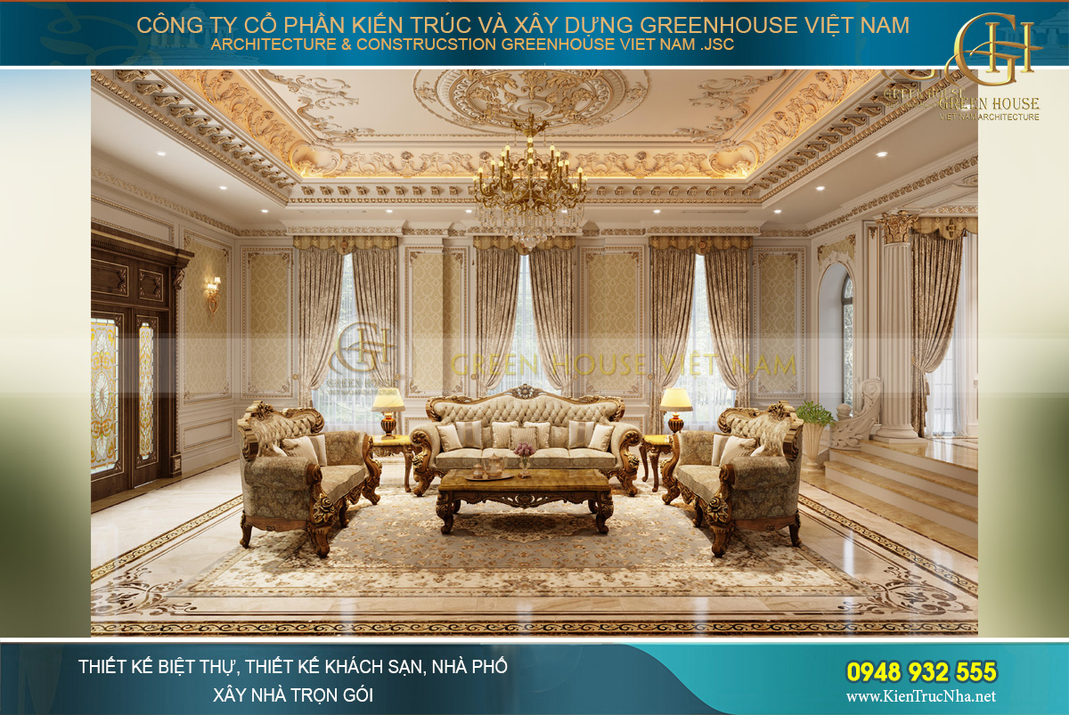 thiết kế nội thất dinh thự 2 tầng bạc liêu