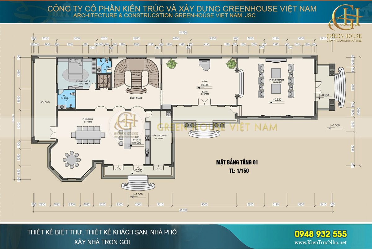 thiết kế nội thất dinh thự 2 tầng bạc liêu