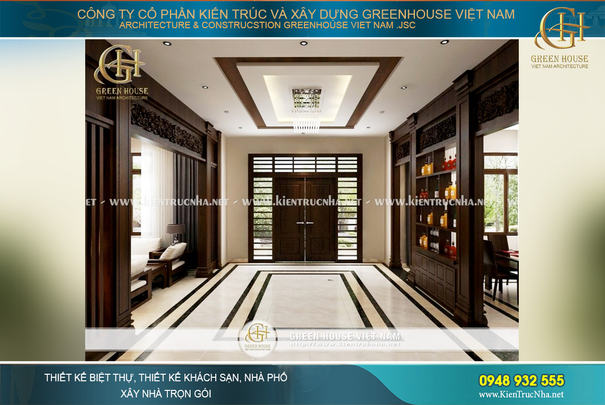 Bởi vậy các KTS GreenHouse Việt Nam đã lựa chọn phong cách thiết kế nội thất biệt thự hiện đại Á Đông cho biệt thự của gia đình chú Trực. Nó rất phù hợp với những người có chiều sâu và muốn cảm thụ những tinh hoa dân tộc ngay chính trong ngôi nhà của mình. Chất hiện đại hòa trộn trong kiến trúc biệt thự Á Đông chính là điểm sáng giúp cho công trình càng thêm hoàn hảo trong xu hướng thiết kế nội thất hiện nay. Thiết kế nội thất phòng khách của nội thất biệt thự Á Đông tại Hà Nội