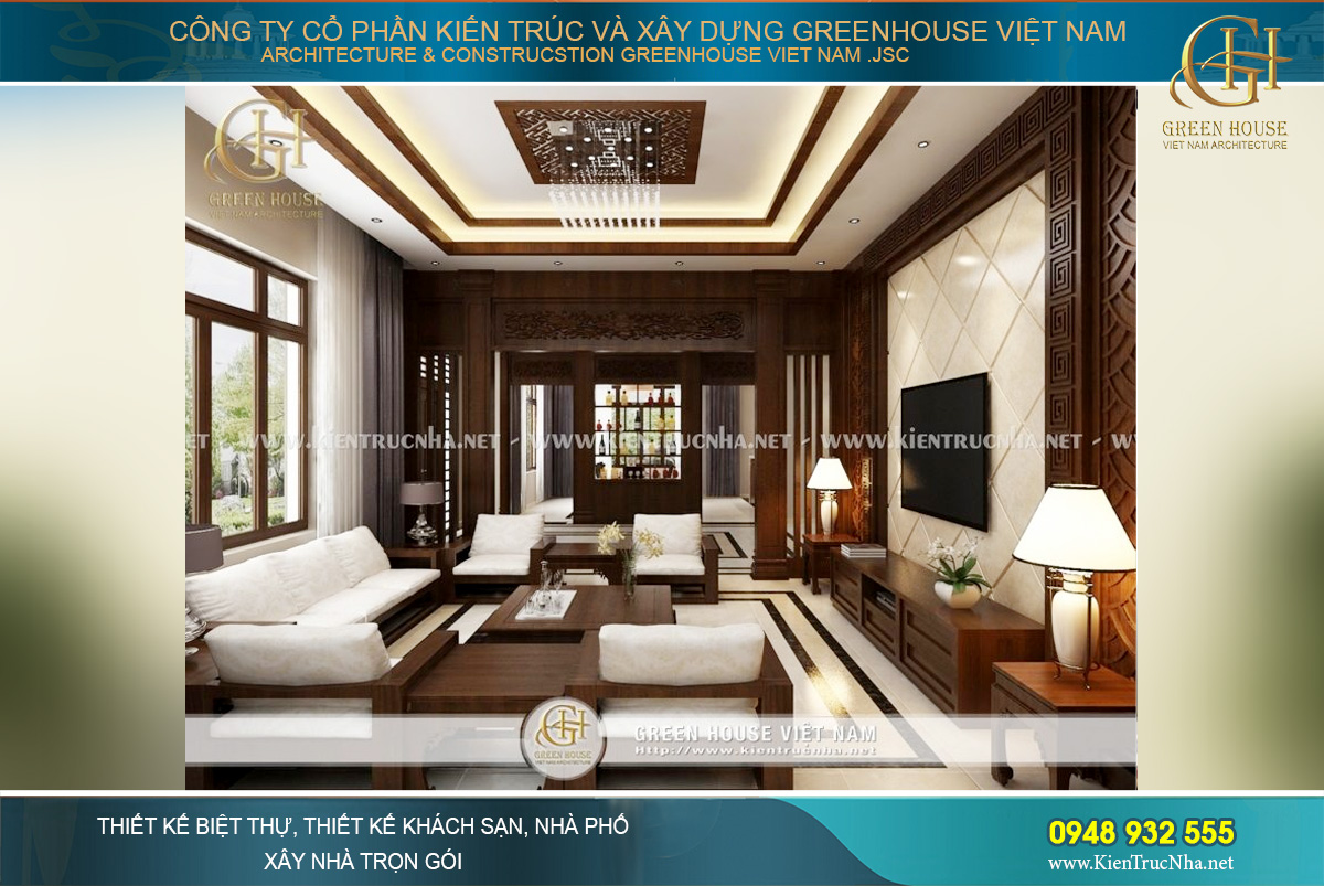Bởi vậy các KTS GreenHouse Việt Nam đã lựa chọn phong cách thiết kế nội thất biệt thự hiện đại Á Đông cho biệt thự của gia đình chú Trực. Nó rất phù hợp với những người có chiều sâu và muốn cảm thụ những tinh hoa dân tộc ngay chính trong ngôi nhà của mình. Chất hiện đại hòa trộn trong kiến trúc biệt thự Á Đông chính là điểm sáng giúp cho công trình càng thêm hoàn hảo trong xu hướng thiết kế nội thất hiện nay. Thiết kế nội thất phòng khách của nội thất biệt thự Á Đông tại Hà Nội